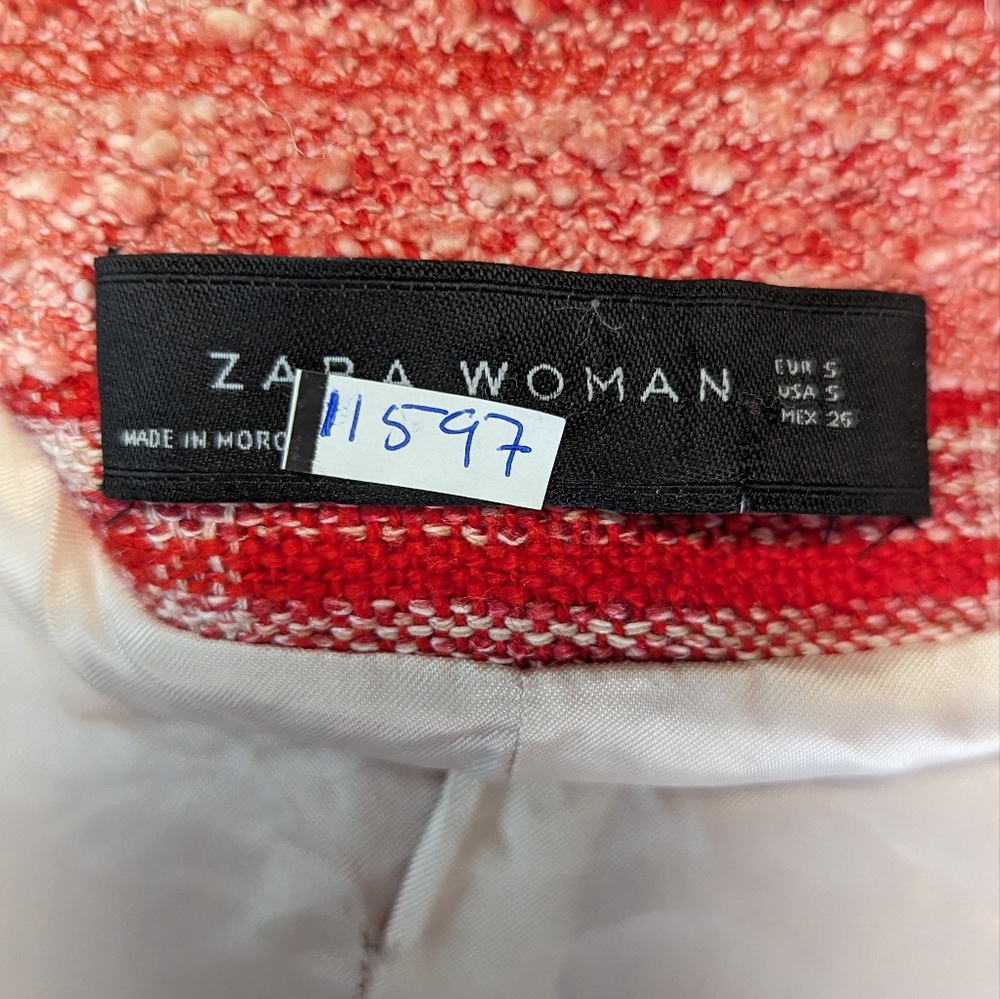 Zara Tweed Plaid Jacket Red S ruffle fringe cotton bohemian hippie retro casual - Picture 5 of 7